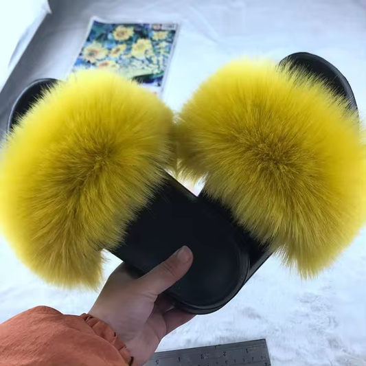Women Vegan Gold Faux Fur Slippers