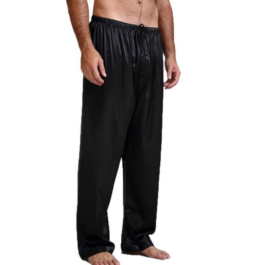 Men's Black Silk  Long pants Satin sleepwear