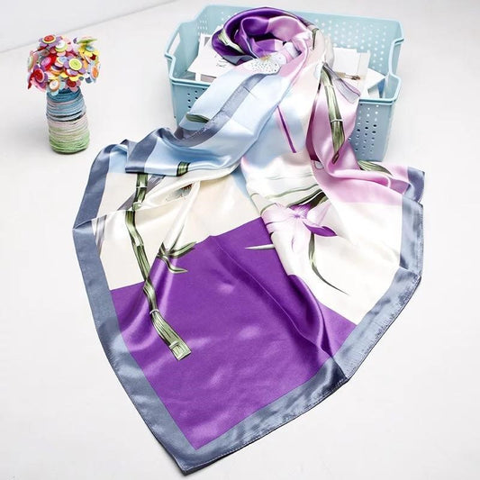 Women Purple Blue Bamboo Square Satin Silk Scarf Printed Pattern