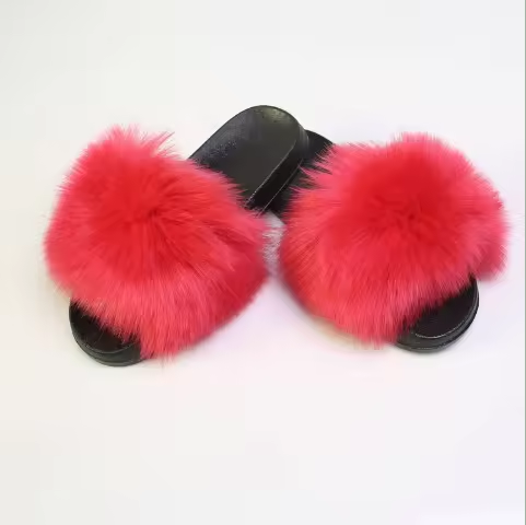 Women Vegan Red Faux Fur Slippers