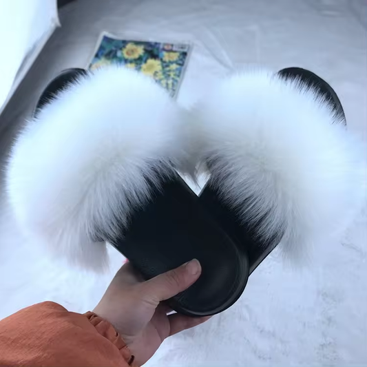 Women Vegan White Faux Fur Slippers