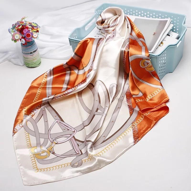 Women Orange Gold Square Satin Silk Scarf Printed Pattern