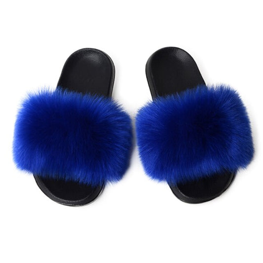 Women Vegan Blue Faux Fur Slippers