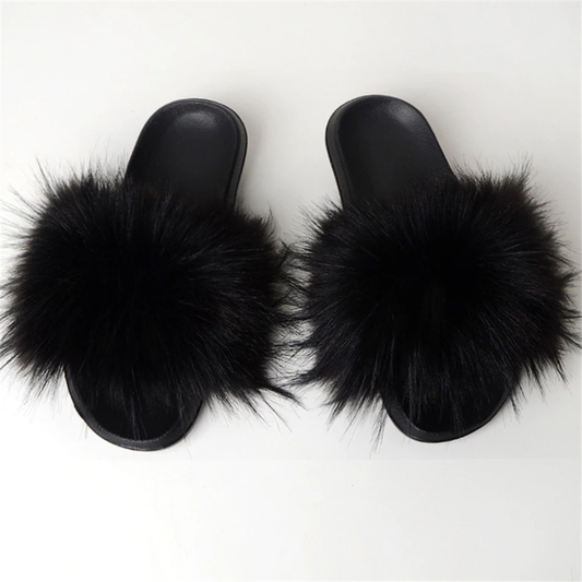 Women Vegan  Black Faux Fur Slippers