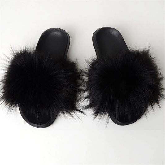 Women Vegan Black Faux Fur Slippers